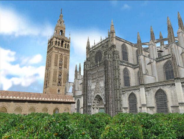 Recreaci&oacute;n de la Giralda y la Catedral desde el Patio de los Naranjos.