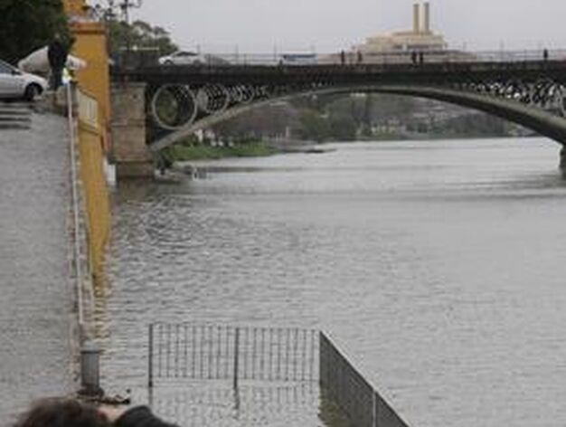 El agua del Guadalquivir cubre las zonas m&aacute;s bajas del embarcadero de la calle Betis en Triana.

Foto: B.Vargas