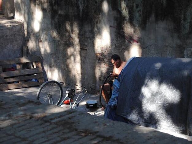 Un hombre arregla una bicicleta junto a una tienda de campa&ntilde;a en el entorno del parque Mar&iacute;a Luisa.

Foto: Arbolado Sevilla
