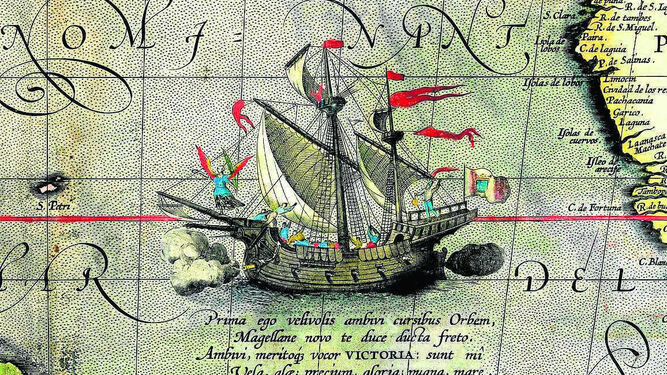 Detalle de un mapa de 1590 que muestra la nave 'Victoria'.