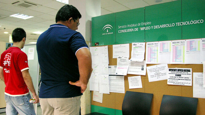 Varias personas consultan los tables en una oficina del Servicio Andaluz de Empleo (SAE).