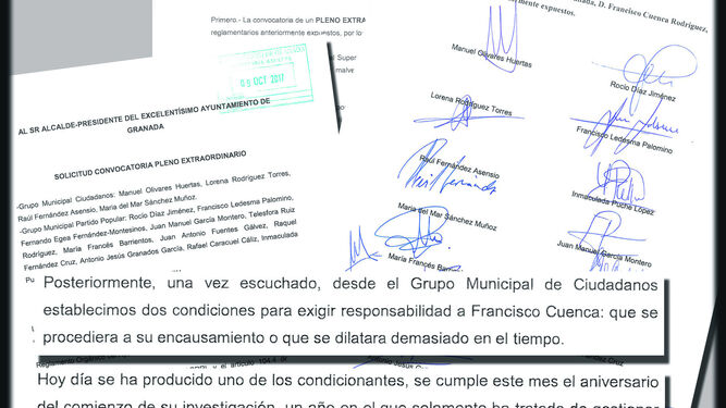 Escrito dirigido al alcalde de Granada promoviendo la convocatoria del pleno extraordinario de reprobación.