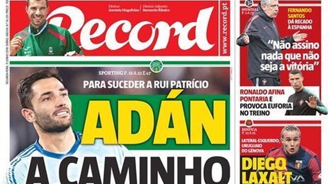 La portada del periódico 'Record', con Adán como protagonista.