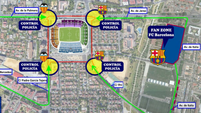 Mapa con el dispositivo para las aficiones de Barcelona y Valencia por la final de la Copa del Rey en Sevilla.