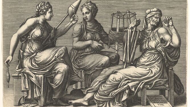 ‘Las tres Parcas’ (1558) de Giorgio Ghisi siguiendo a Giulio Romano, obra analizada por Bosco en su última crítica.