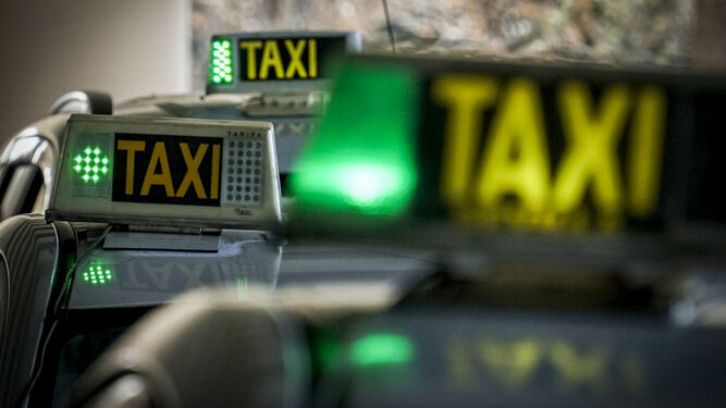 Varios taxis en Sevilla con la señal de servicio disponible.