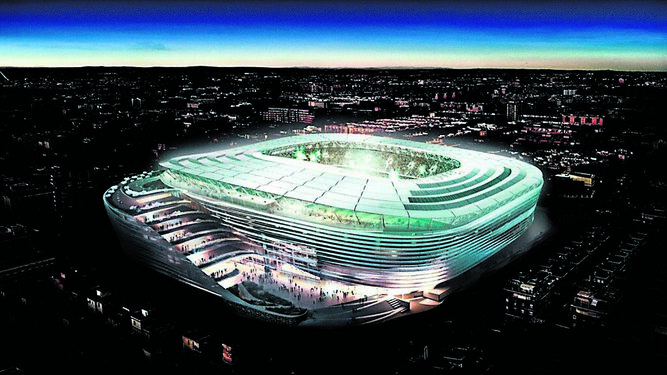 Recreación nocturna del futuro estadio del Real Betis Balompié.