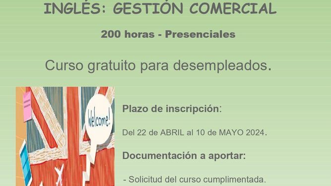 Cartel del nuevo curso formativo gratuito de Inglés Gestión Comercial destinado a personas desempleadas