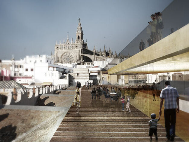 Imagen virtual de la terraza del CaixaF&oacute;rum Sevilla, con vistas a la Catedral. / La Caixa