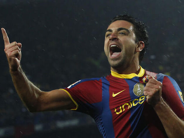 Xavi celebra el primer gol azulgrana. / Reuters