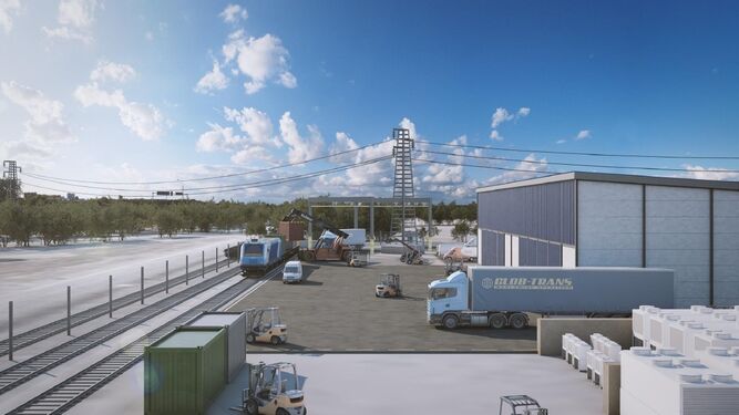 Recreación virtual de la futura terminal logística ferroviaria de contenedores que adjudicará el Puerto de Huelva en 23.400 metros cuadrados de Majarabique (La Rinconada).