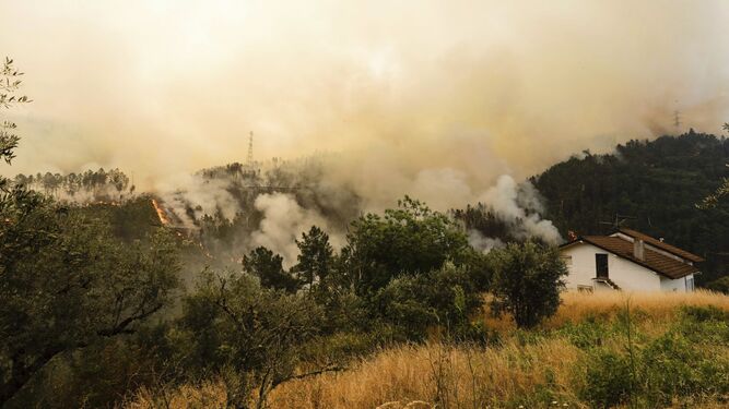 Vista del humo y las llamas cerca de las viviendas  en Gois.