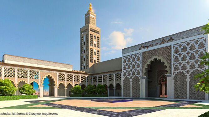 Recreación virtual del patio de abluciones de la mezquita que aún se pretende levantar en Sevilla Este.