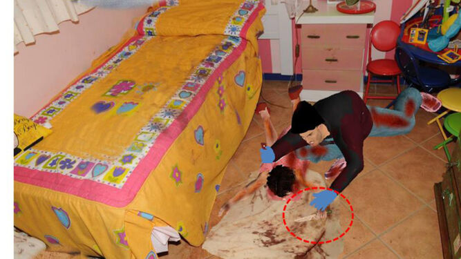 Recreación del apuñalamiento de la niña sobre una imagen real de su cuarto hecha por el perito Juan Hellín.