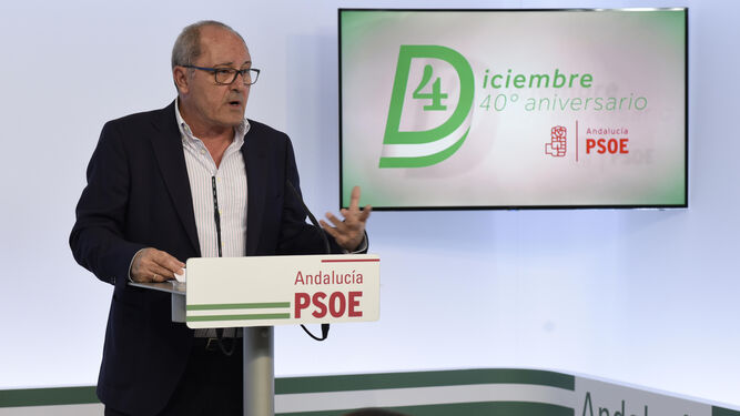 El secretario de Organización del PSOE-A, Juan Cornejo, durante la comparecencia de ayer en Sevilla.