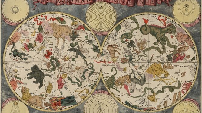 1. Mapa de la Tierra realizado en 1541 según las proyecciones de Ptolomeo. 2. Vista de una de las estancias de la exposición. 3. Planisferio celeste de Frederick de Wit (c. 1688). 4. Especulaciones sobre el interior de la Tierra en 'Mundus subterraneus' de Athanasius Kircher (1678). 5. Imagen extraída del 'Atlas completo de anatomía humana descriptiva' (1892) de Magín Cabanellas. 6. El Paraíso Terrenal, en el Beato de Liébana, códice de Fernando I y doña Sancha (1047). 7. La Tierra Prometida en 'Atlas ou representation du Monde Vniversel' de Gerard Mercator (1633).