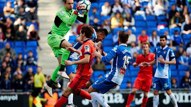 Pau López atrapa el balón durante un encuentro del Espanyol.