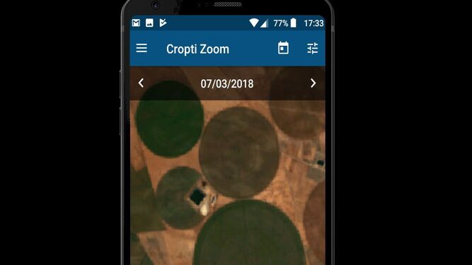 Capturas de la aplicación Cropti Zoom con imágenes reales de satélites y con los filtros de color indicativos.