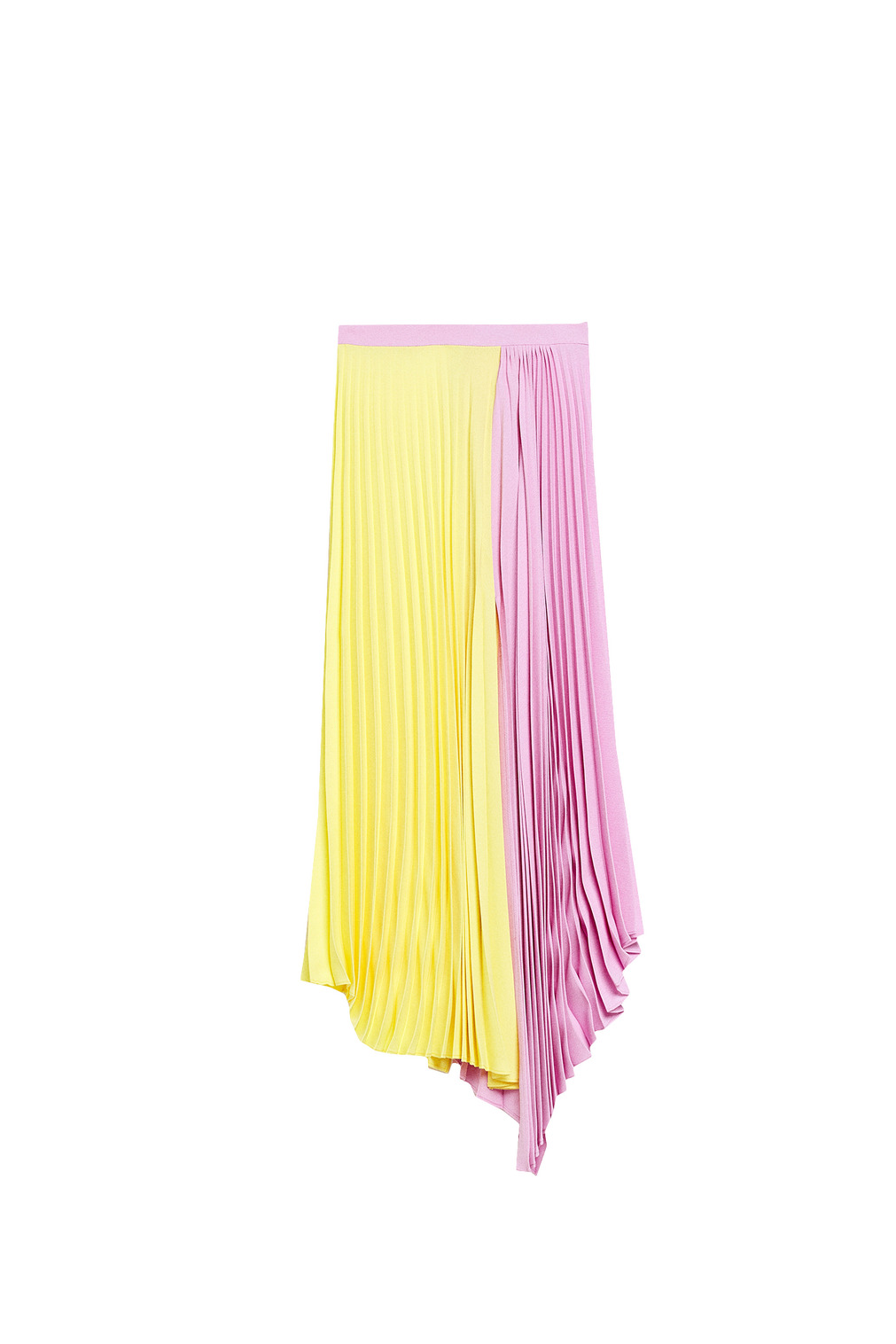 Falda plisada color block con bajo asim&eacute;trico, de Sfera.