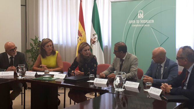 La consejera de Salud, Marina Álvarez, y el rector de la Universidad de Sevilla, Miguel Ángel Castro, en la firma del acuerdo.