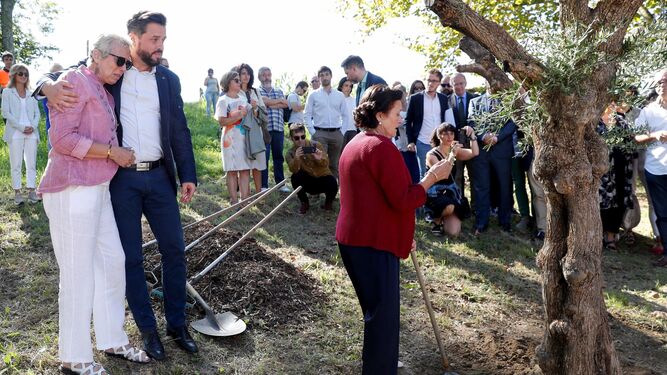 Dolores García y José Miguel Cedillo, viuda e hijo del policía nacional asesinado por ETA, y la hermana del fallecido, María Cedillo, observan un olivo plantado ayer en Errenteria.