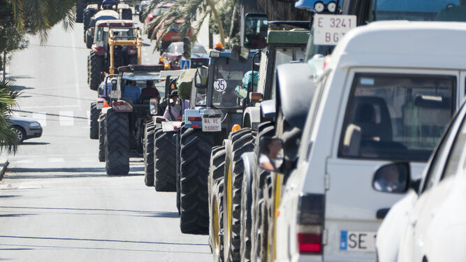 Decenas de tractores, acompañados de coches particulares y personas a pie recorren las calles de Aznalcóllar.