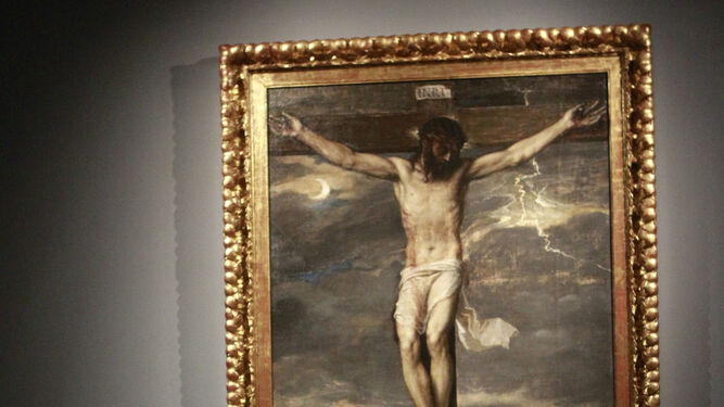 Detalle de 'Cristo crucificado' de Tiziano durante su exposición en el Thyssen-Bornemisza en 2017.