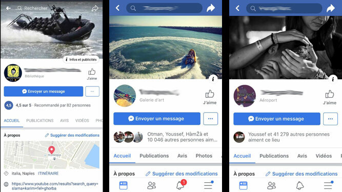 Capturas de pantalla de diversos perfiles sociales en Facebook en los que se oferta cruzar el Estrecho en lanchas rápidas. El contacto se estable por mensaje a través de la red social.