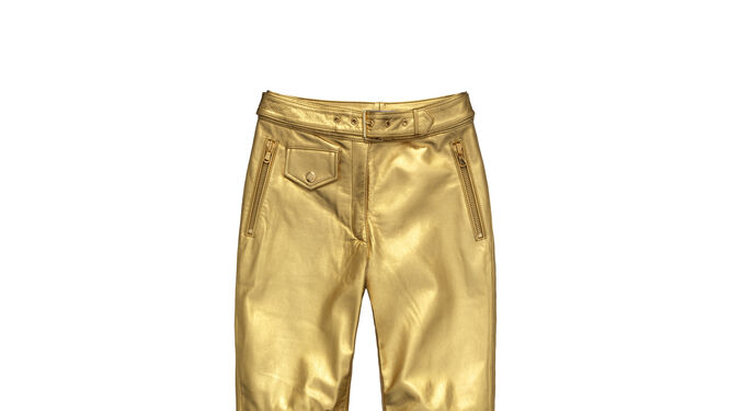 Pantalones de piel dorada de Moschino tv H&amp;M 249 EUR