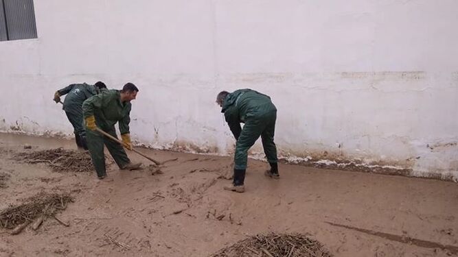 Miembros del Infoca durante las labores de limpieza en El Rubio.