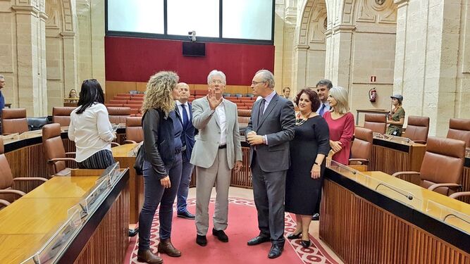 Richard Gere, en el interior del Parlamento de Andalucía junto a miembros de la cámara.