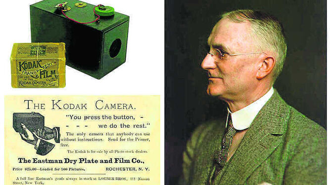 George  Eastman , fundador de Kodak,  junto a la primera cámara comercial.