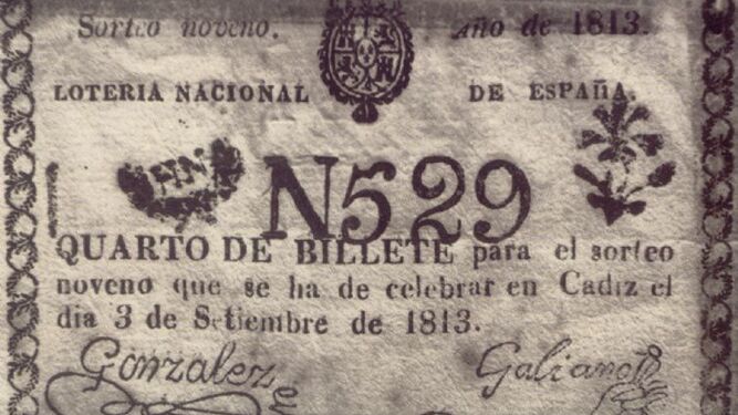 Billete de Lotería de Navidad correspondiente al primer Sorteo en Cádiz (1812).