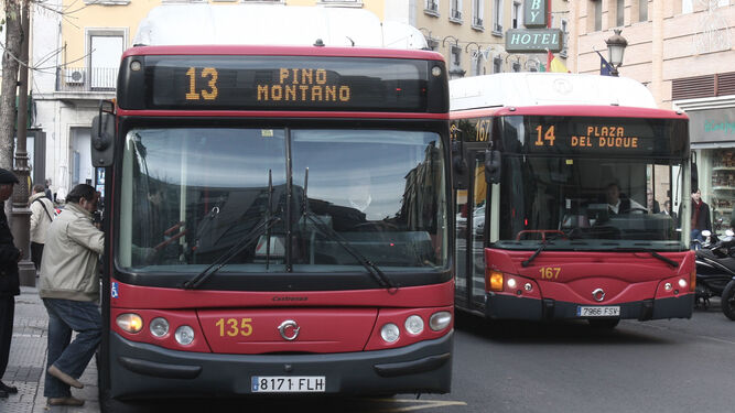 Dos autobuses en la Plaza del Duque de la Victoria.