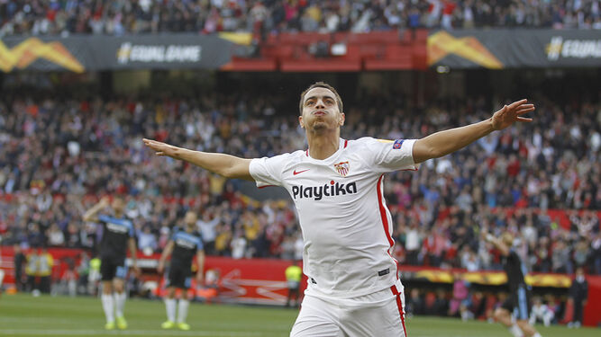 Ben Yedder acaba de hacer el 1-0 ante la Lazio, su vigésimo gol con el Sevilla en Europa.