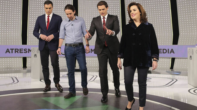 Pedro Sánchez, Pablo Iglesias, Albert Rivera y Soraya Sáenz de Santamaría, en el debate de 2015.