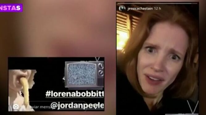 Jessica Chastain, junto al 'gif' de Terelu que compartió en su Instagram.