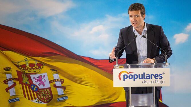 El presidente del PP, Pablo Casado, este jueves en el acto de presentación en Logroño de las siete candidaturas a los municipios de cabeceras de comarca de La Rioja.