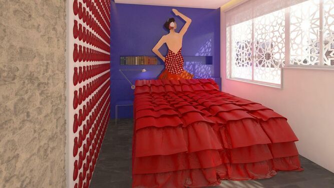Cama flamenca del Apartamento Feria de Abril y paredes decoradas con castañuelas.