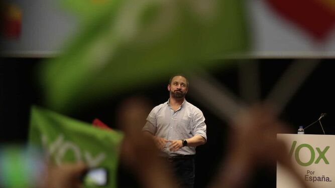 Santiago Abascal, durante el mitin de Vox en Fibes.