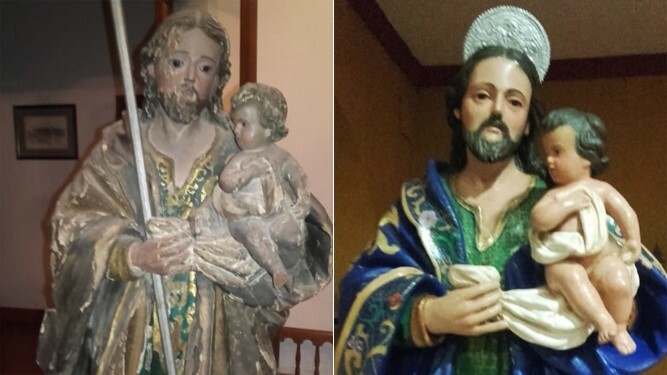 La talla de San José, antes y después de la intervención.