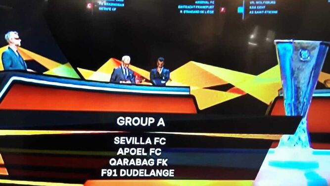 Imagen del sorteo de la UEFA Europa League con el Grupo A del Sevilla.