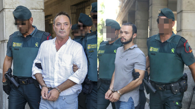 El gerente de la empresa Magrudis, José Antonio Marín (i), y su hijo Sandro José (d), custodiados por la Guardia Civil en los juzgados.