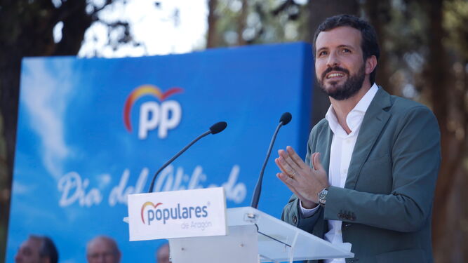 El presidente del PP, Pablo Casado, interviene en el acto del Día del Afiliado del PP, ayer en Zaragoza.