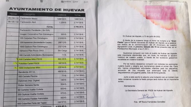 La relación de gastos del Ayuntamiento, con la carta de invitación al acto de aniversario del PSOE de Huévar, de 2002, que el PP ha hecho públicos.