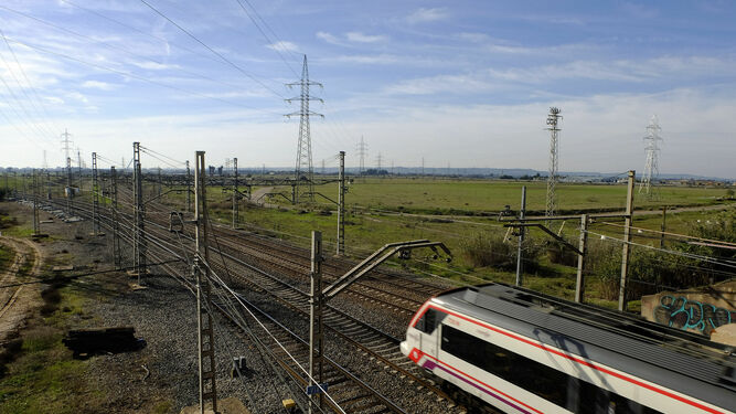 El paso del tren junto a los terrenos de Majarabique entre La Rinconada y Sevilla.
