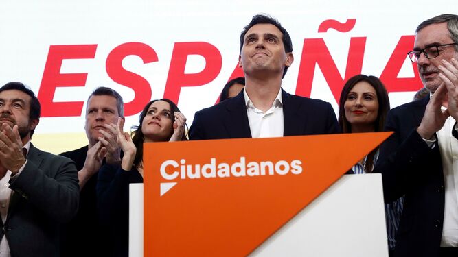 El líder de Ciudadanos, Albert Rivera, durante la valoración electoral del partido este domingo por la noche en Madrid.