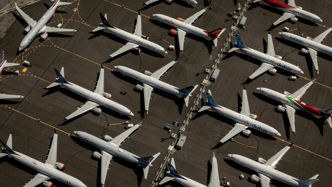 Varios 737 MAX estacionados en las instalaciones de Boeing en Seattle.