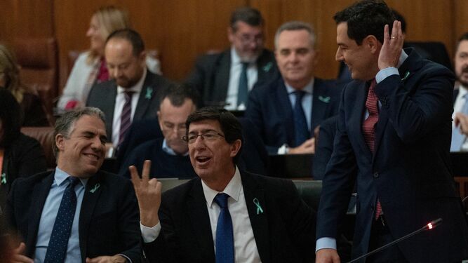Elías Bendodo, Juan Marín y Juanma Moreno, en el Parlamento