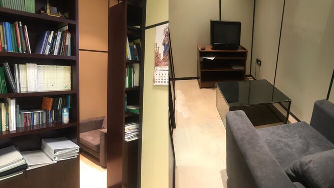 La estantería tras la que se ocultaba la habitación secreta en la Consejería de Salud, que aparece en la imagen de la derecha.